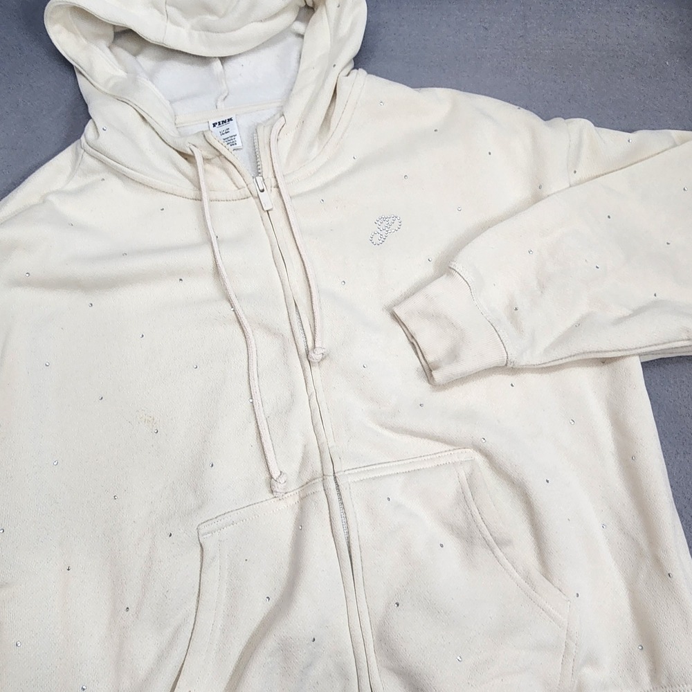 PINK Victoria's Secret‎ Hoodie Cream Rhinestone Zip Up Womens Small